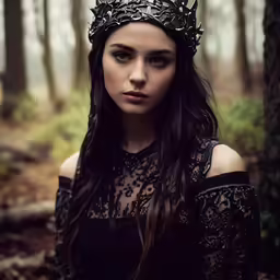 a woman with a crown in the woods