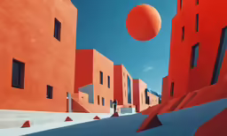 an artistic illustration of people walking past red buildings