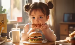 young girl sitting at table eating hamburger and milk