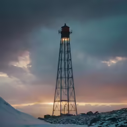 a tall tower with a light on it in the middle of nowhere