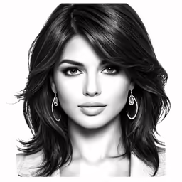 a woman with dark hair wearing earrings and staring into the camera