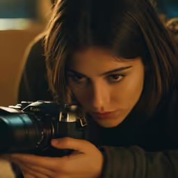 a young lady holding a camera looking at the screen