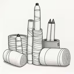 a bunch of paper sitting on top of each other,a line drawing shows several rolls of different sizes and colors