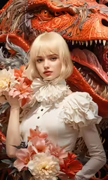 an asian - style model poses in front of a dragon costume