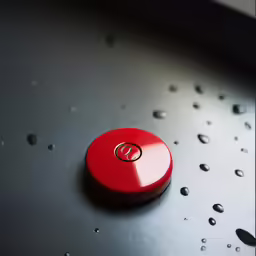 a bright red electronic device with rain drops around it