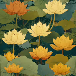 a group of large yellow water lilies growing on top of a lily,there are yellow and orange flowers growing outside