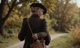 a woman walking along a country road carrying a wicker purse