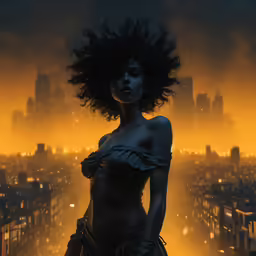 a woman with dark hair is posing in front of a city