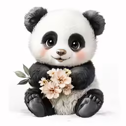 a panda bear sitting down and holding a flower