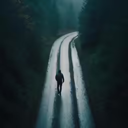 man walking alone on an empty wet road at night