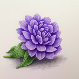 a drawing of a purple flower with leaves