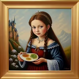 the painting is a girl with long hair holding a plate,an oil painting of a woman in costume and holding food