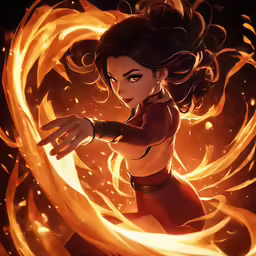 a girl with fire swirling around her body
