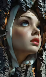 a woman with blue eyes and black clothes