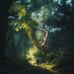 the silhouette of a man walking in a wooded forest