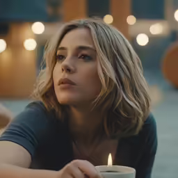 a woman is holding her cup with a lit candle