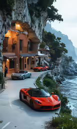 a red sports car sits parked at the side of a cliff with three other cars parked on it