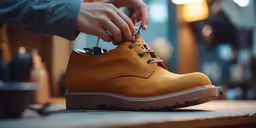 the shoe is being lace - up to someones shoes