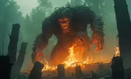 a large monster standing in front of a fire