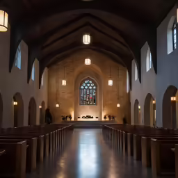 the interior of a church with several pews and windows