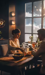 a man and woman having a meal at a restaurant
