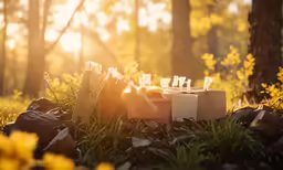 small candles are sitting on small boxes in the woods