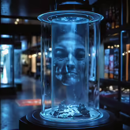 a skull inside a glass container with a blue light