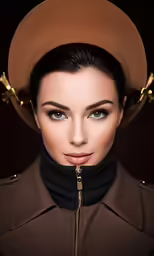 a woman with a jacket, hat and long nose