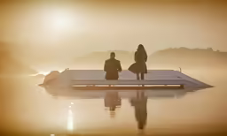 the two people are standing on the dock