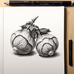 a drawing with a pen and paper laying next to a pencil