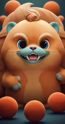 the animated animal character is smiling with big round brown balls on the background