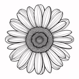 a black and white illustration of a sunflower,a sunflower in a black and white image,a drawing of a sunflower, on white paper,a large flower that is drawn in pen,a drawing of a sunflower with petals facing outward