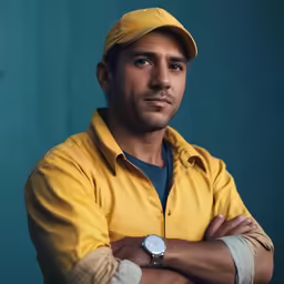 the man wearing a yellow hat is posing for a photo