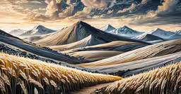 there is a painting of a trail leading through the desert