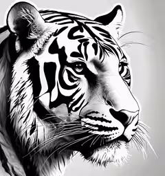 a white tiger face drawing by artist mark stewart,a black and white photo of a tiger
