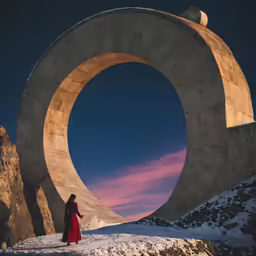 a woman in a long dress standing at the end of a tunnel