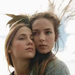 two young girls are standing close together