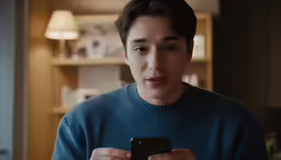 young man in blue sweater holding a smart phone