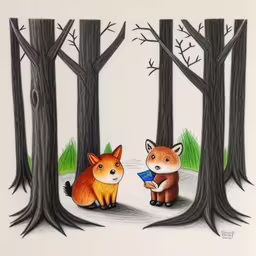 two foxes are in the woods, one of them reading a book