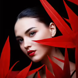 the woman has dark hair and is wearing red