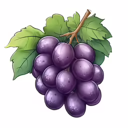 a bunch of purple grapes with green leaves on the stem