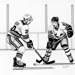 this is a drawing of two people playing hockey,two hockey players in front of an ice rink