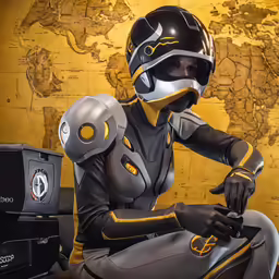 a man wearing a helmet sitting in front of a map