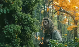 a woman walking through the woods looking at something