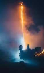 two men watching fireworks being captured off the roof of a car