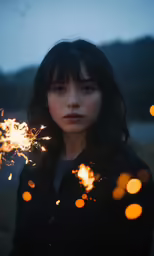 a girl holding a sparkler is standing outside