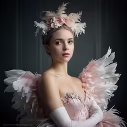 woman with feathered headpiece wearing pink dress