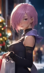 a pretty young lady with a pink wig carrying bags
