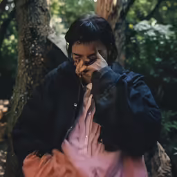 there is a woman talking on a cellphone with a black jacket