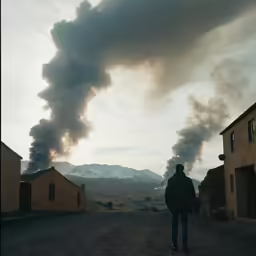 a person stands in an alley way by two buildings, while a smokestack hovers above